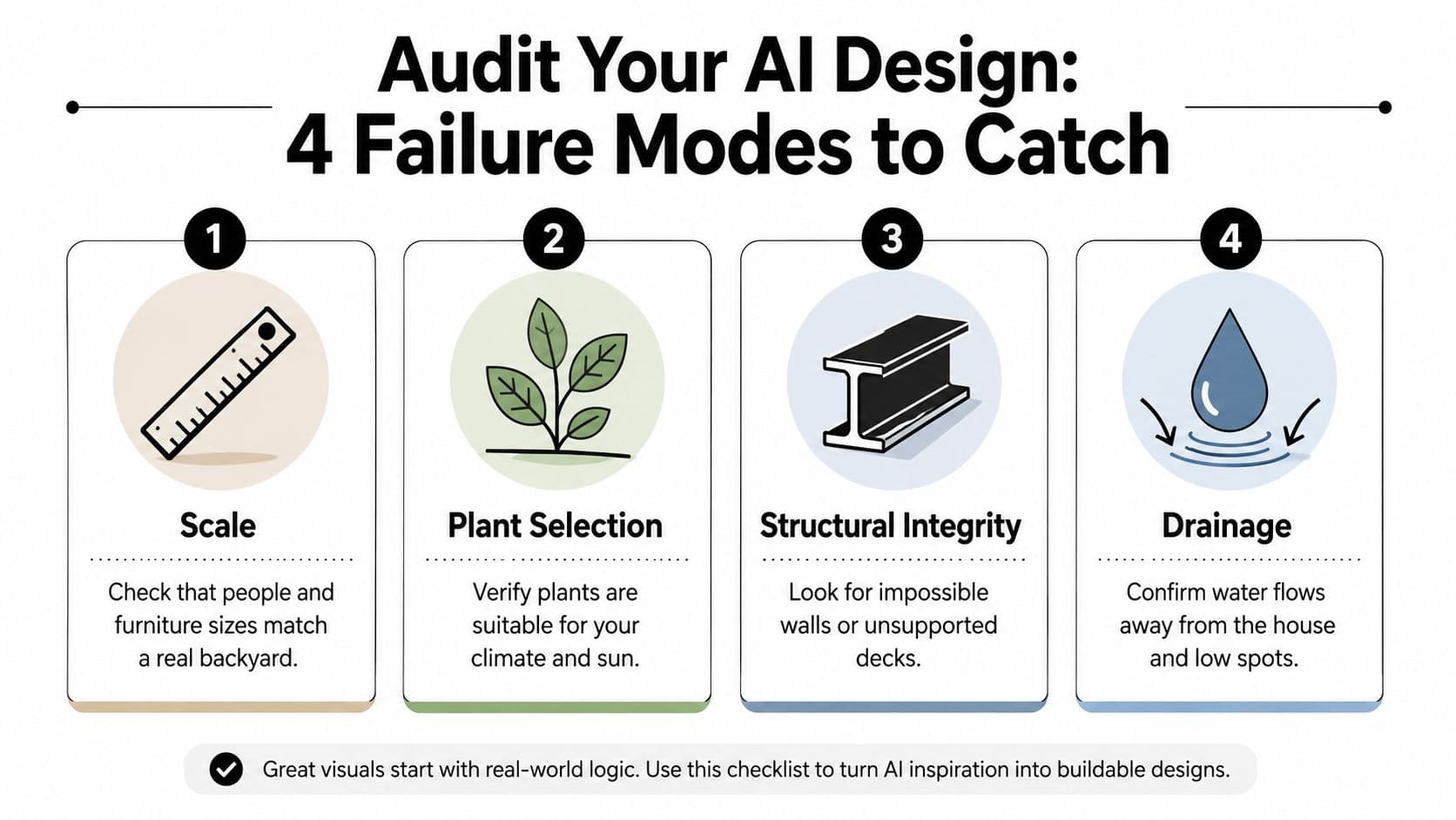 A checklist infographic titled Audit Your AI Design illustrating four key failure modes for backyard landscaping projects.
