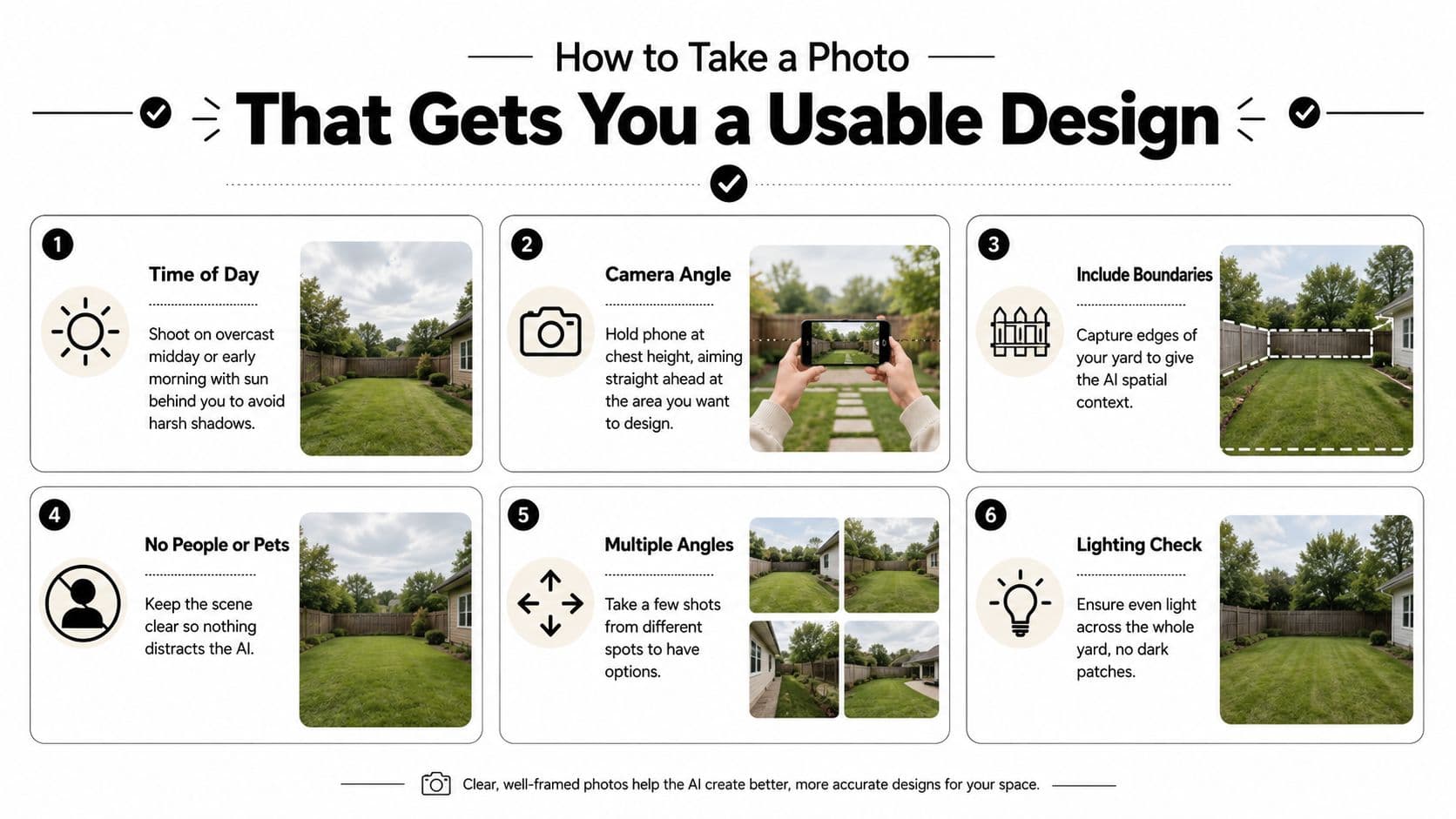 An infographic titled How to Take a Photo That Gets You a Usable Design for AI backyard planning.