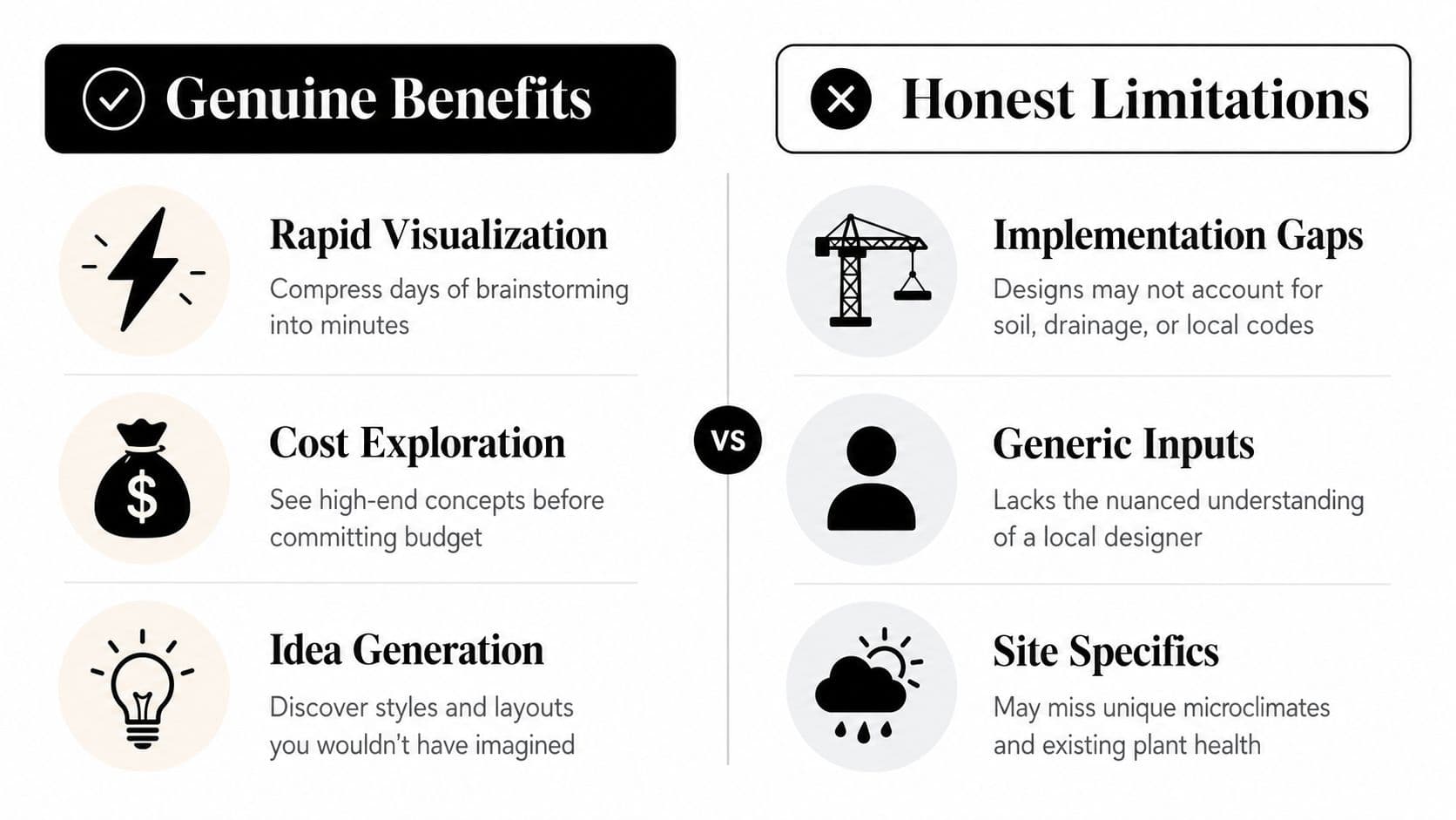 A comparison chart showing the genuine benefits and honest limitations of using AI for landscape design.