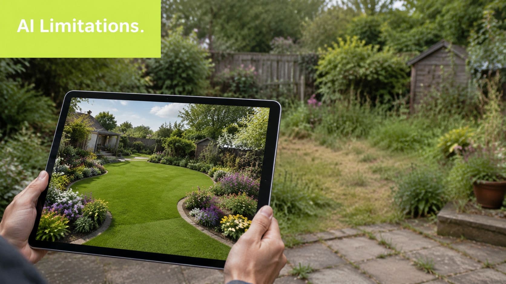 A person holding a tablet showcasing an AI-generated lush, beautifully landscaped garden design over a real yard.
