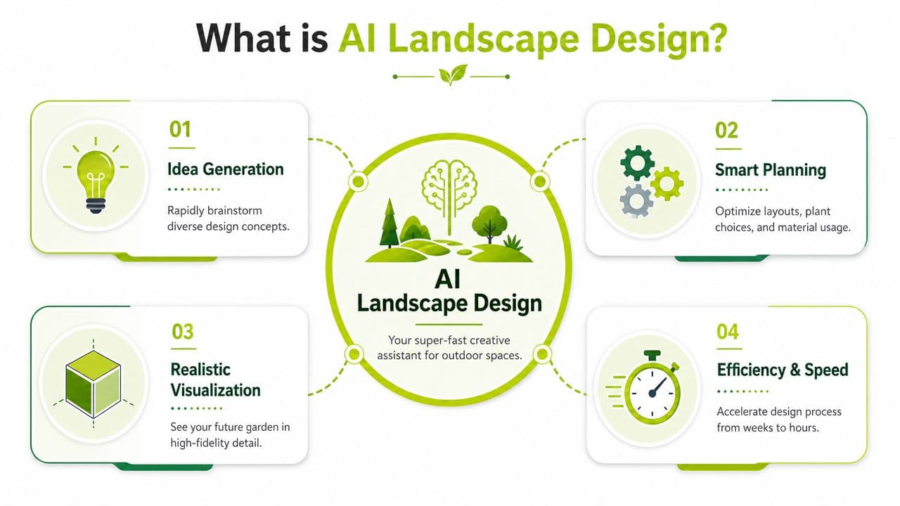 A diagram explaining AI landscape design with four main benefits: idea generation, smart planning, realistic visualization, and speed.