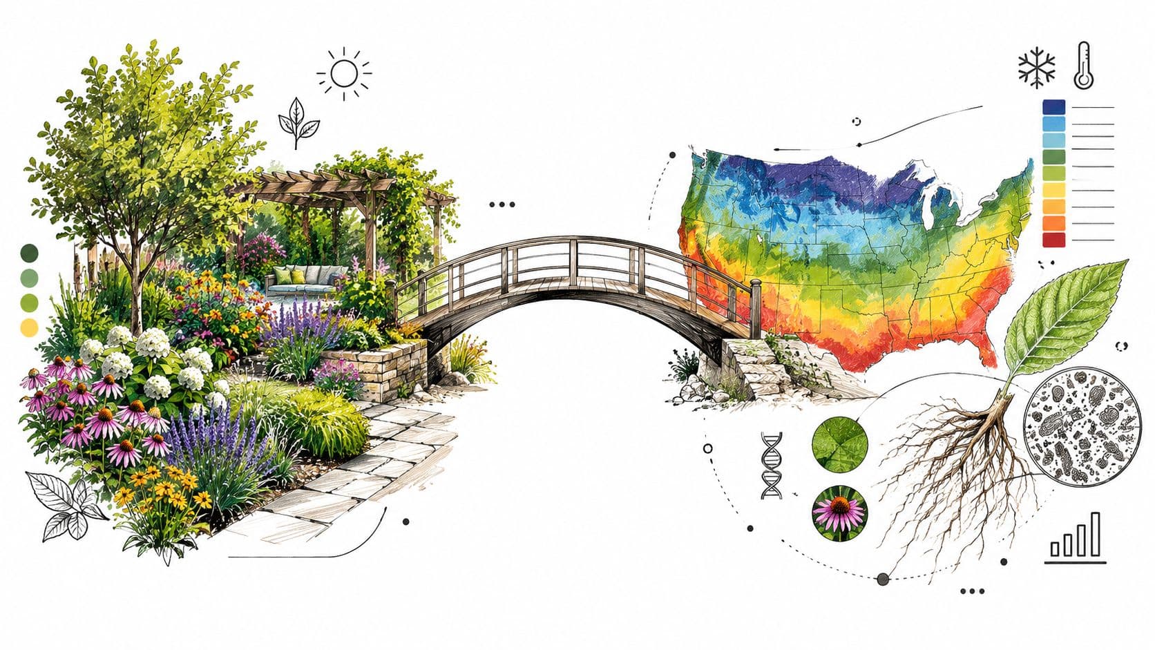 An illustration showing a beautiful garden with a bridge connecting to a US plant hardiness map.