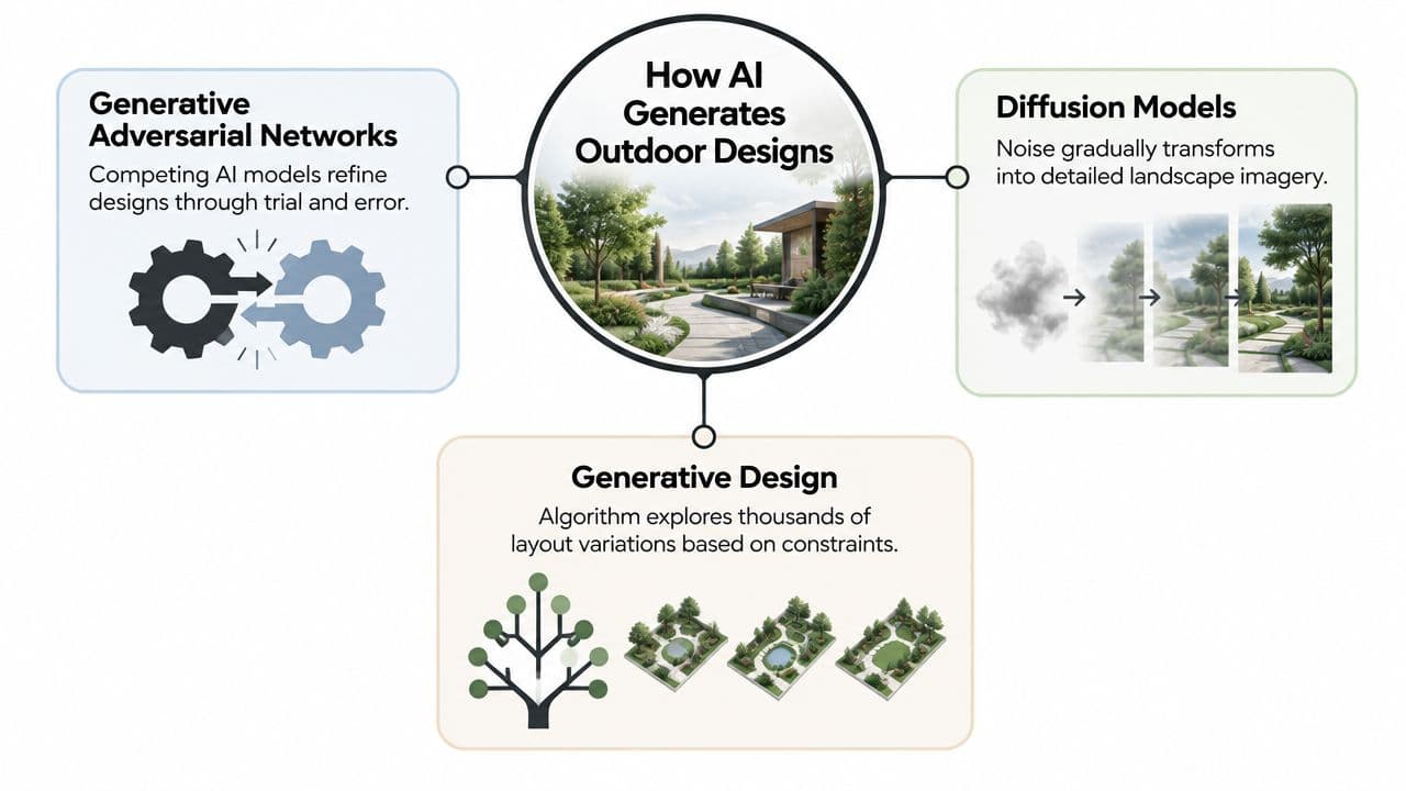 A diagram illustrating three AI methods for generating outdoor landscape designs: GANs, Diffusion Models, and Generative Design.