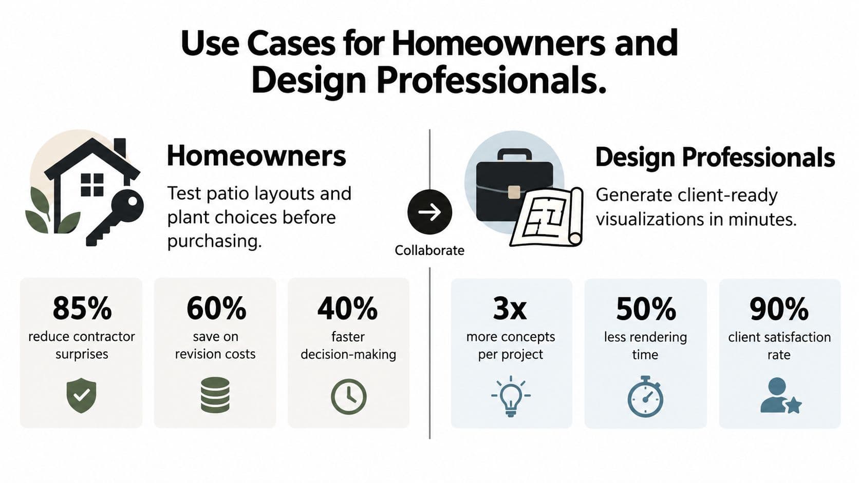 An infographic comparing the benefits of landscape design software for homeowners and professional designers through statistics.