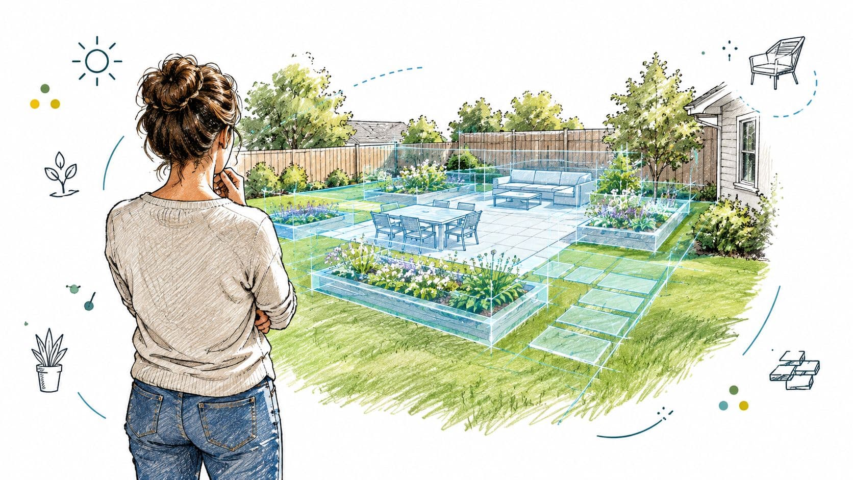 A woman stands looking at a sketch of a modern garden patio design with furniture and plants.