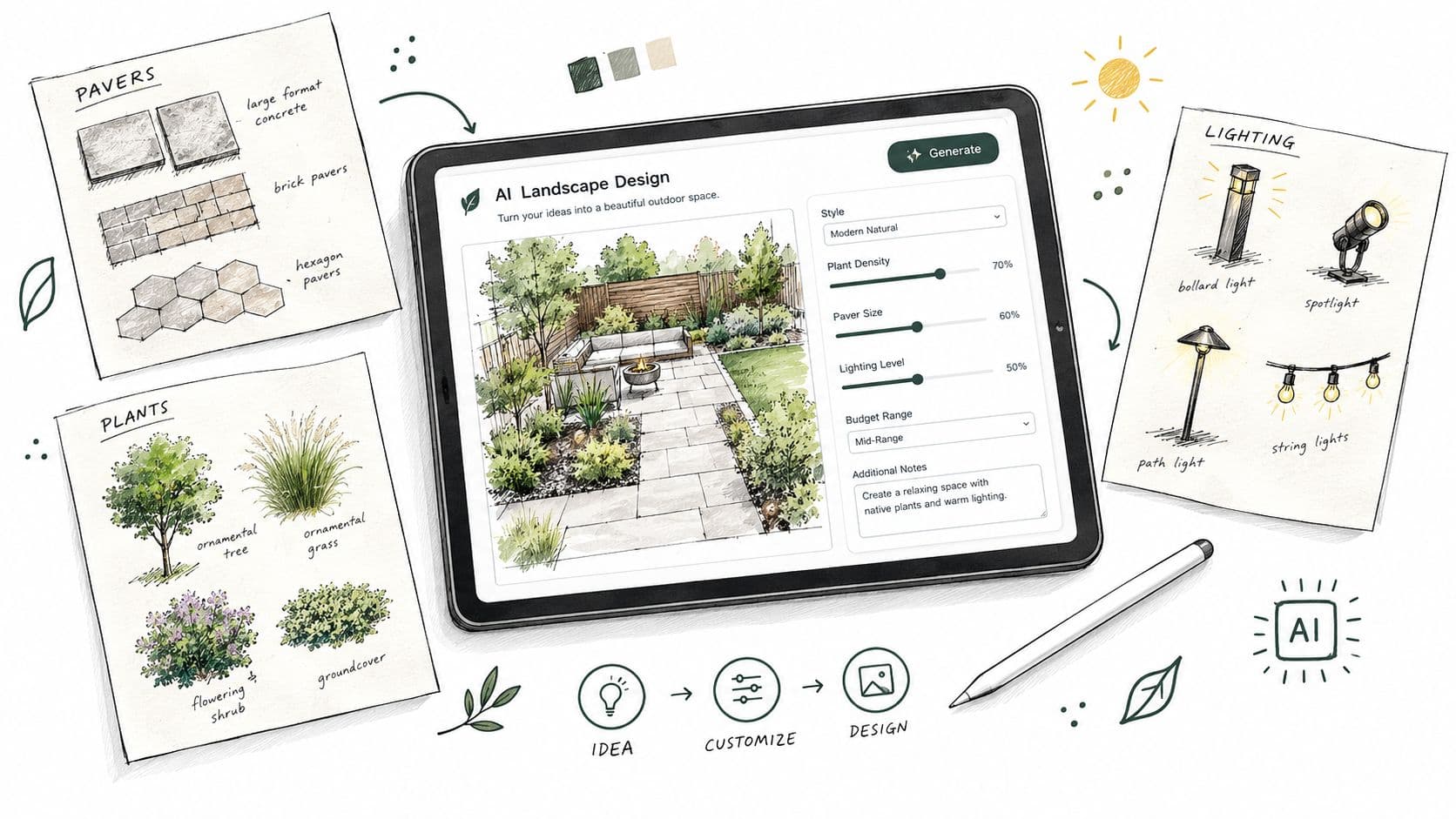 A digital tablet displaying an AI landscape design app with sketches of pavers, plants, and garden lighting.