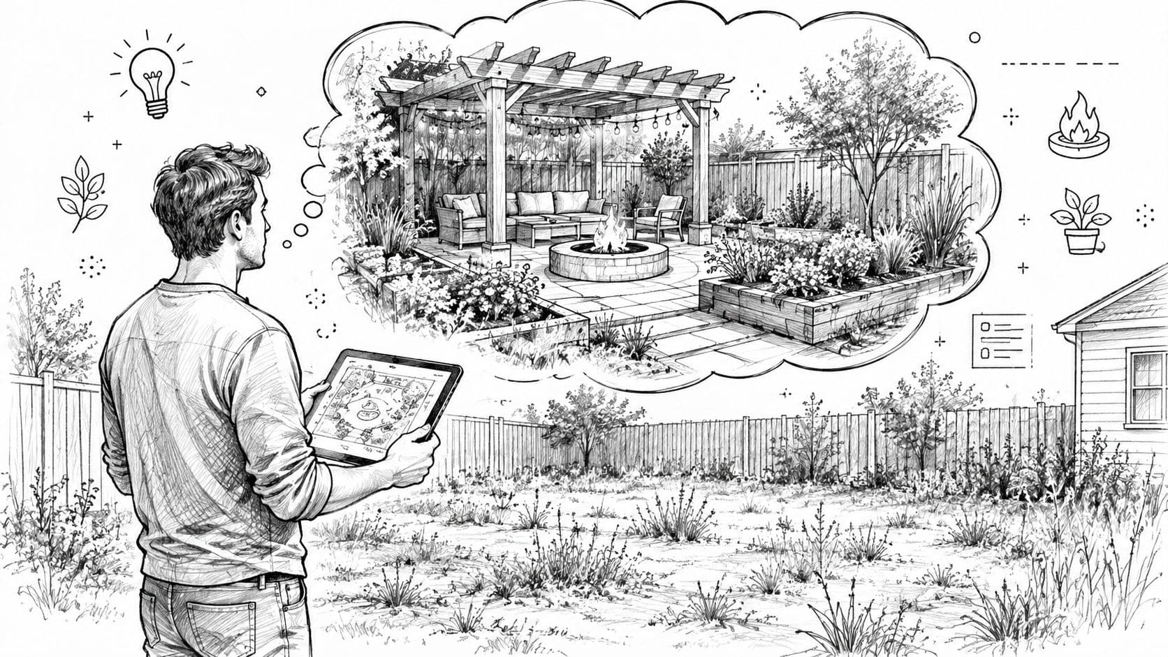 A man uses a tablet to visualize a modern backyard transformation with a pergola and fire pit.