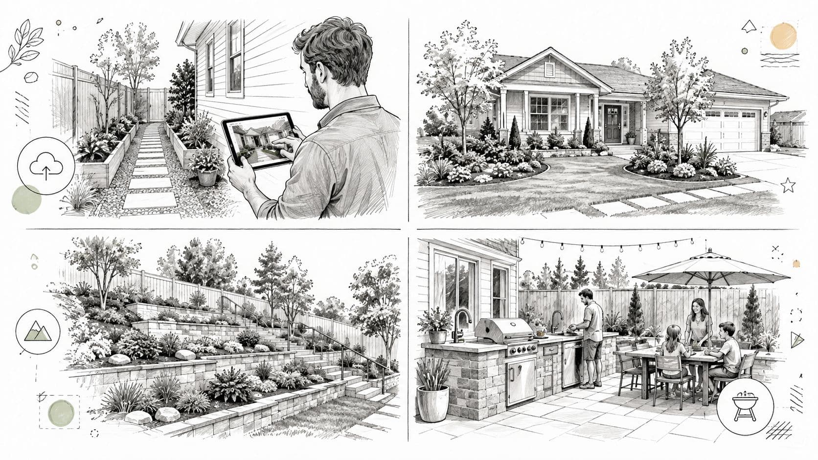 A four-part illustration showing the process of AI-assisted residential landscaping, design, and outdoor living space planning.