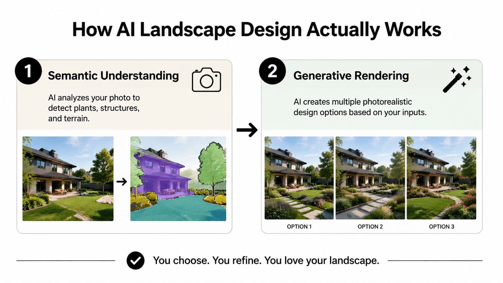 An infographic titled How AI Landscape Design Actually Works illustrating semantic understanding and generative rendering processes.
