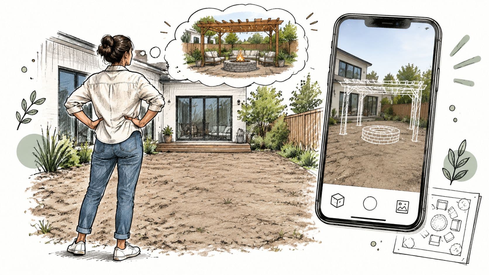 A person uses an AI landscape design app on their smartphone to visualize a backyard patio renovation.