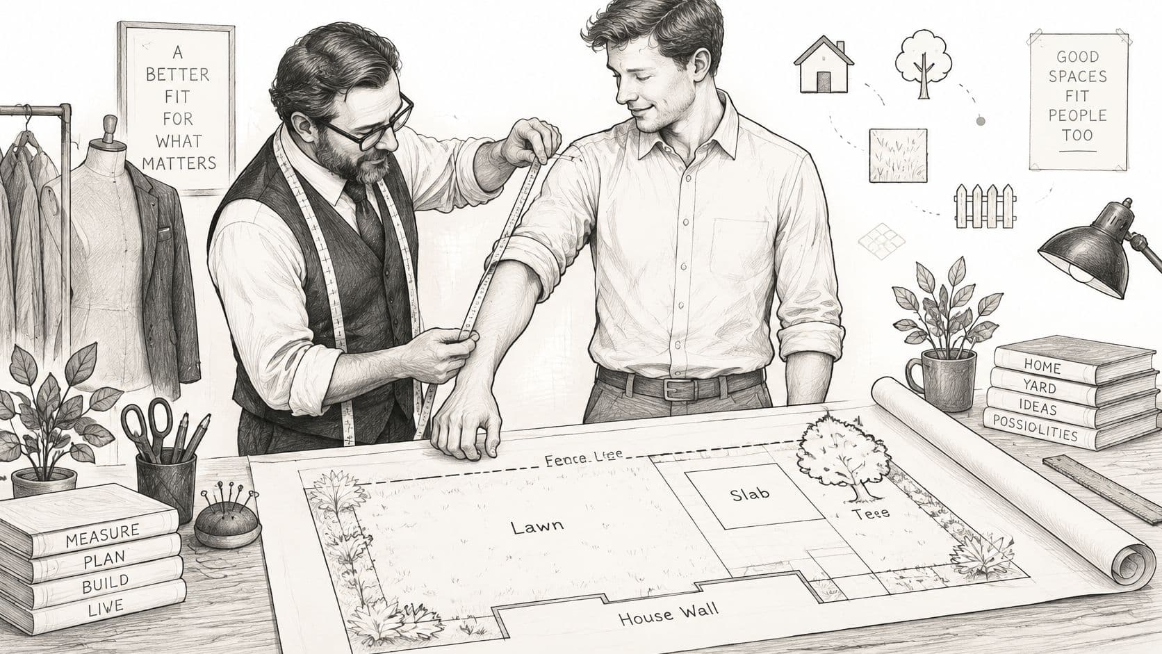 A professional tailor measuring a man's arm while sketching a detailed home landscape design plan together.