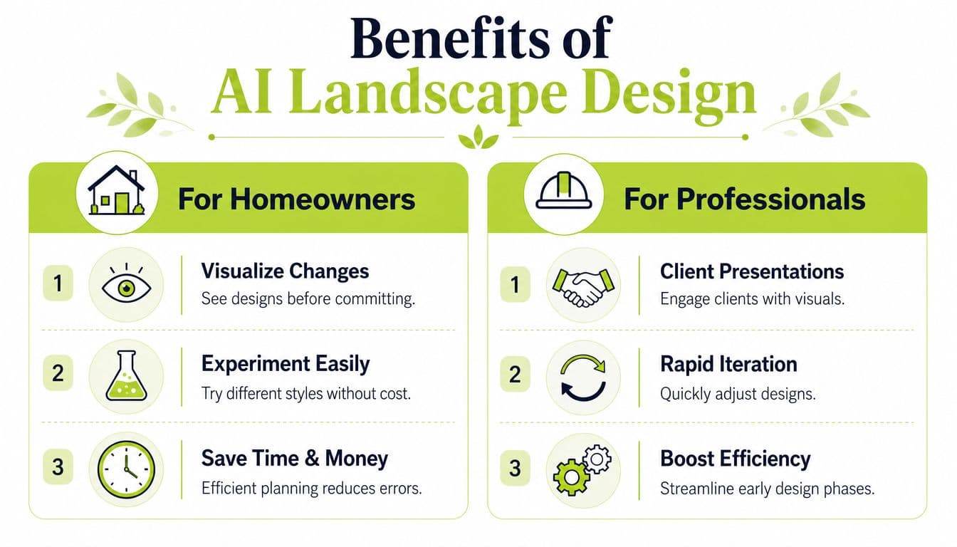 An infographic detailing the benefits of AI landscape design for both homeowners and professional landscapers.