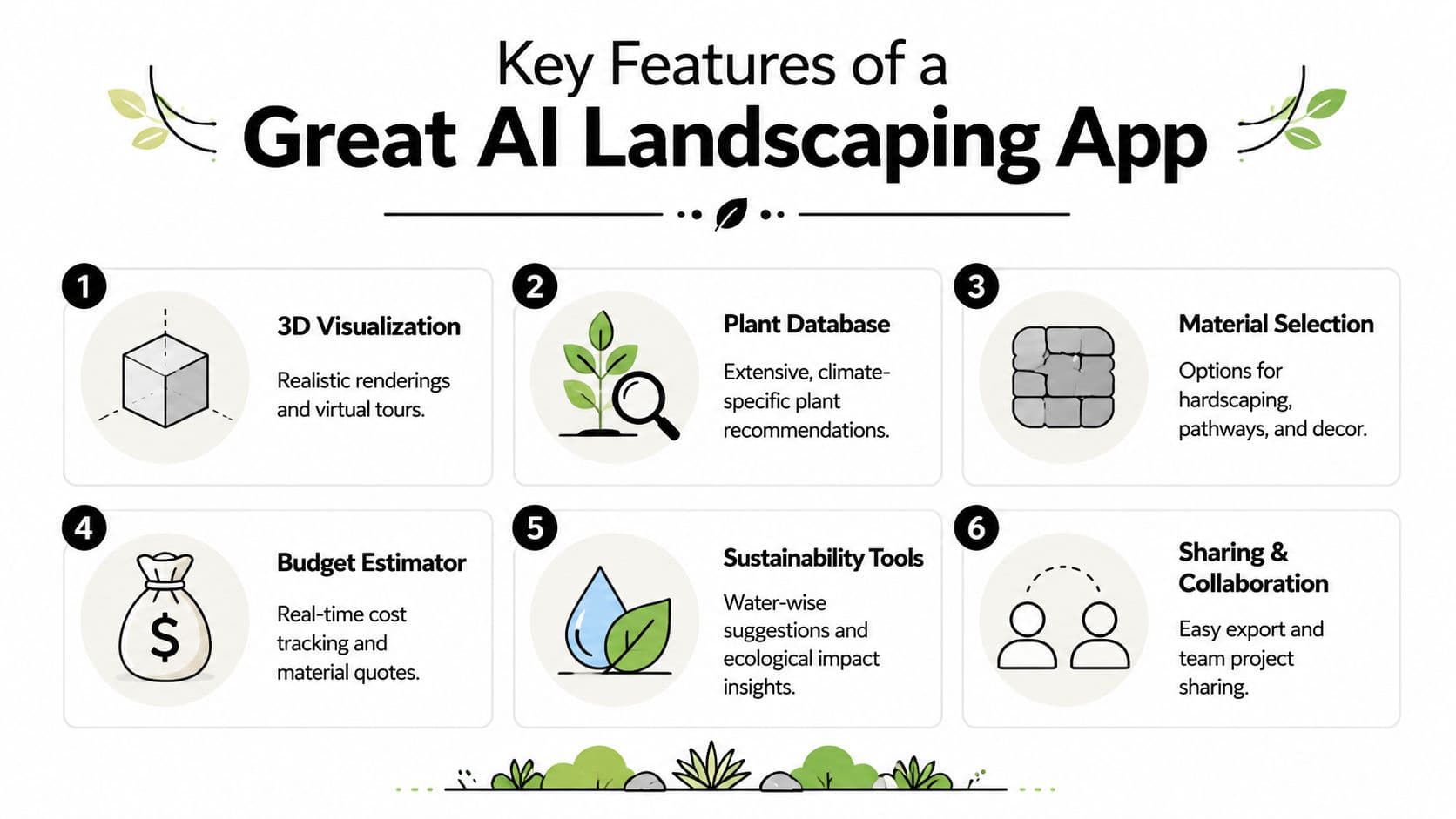An infographic detailing six essential features for a modern AI-powered landscaping design application.