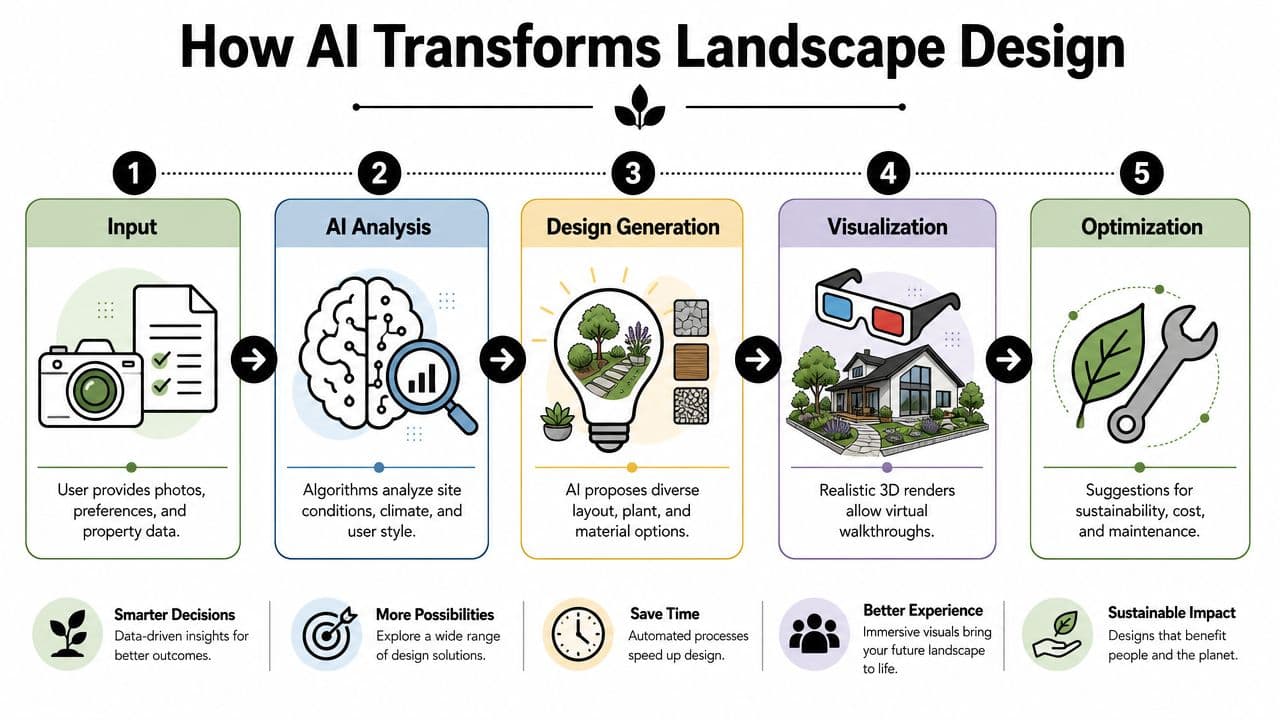 A five-step infographic showing how artificial intelligence tools are used to transform the landscape design process.