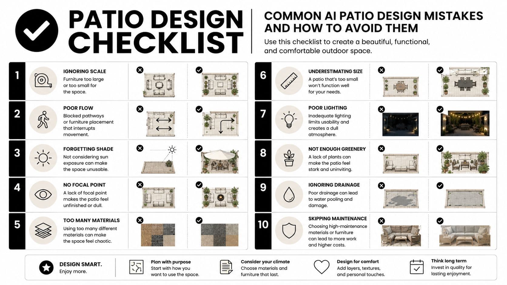 A comprehensive infographic checklist titled Patio Design Checklist highlighting ten common mistakes and how to fix them.