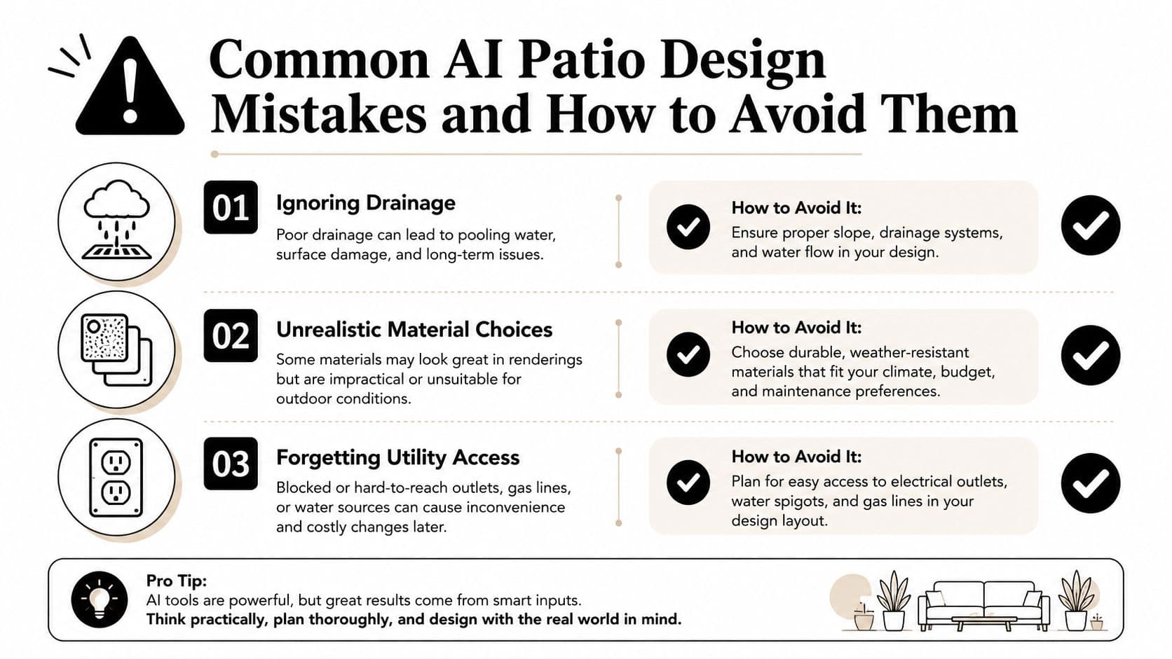 An infographic detailing common AI patio design mistakes like poor drainage, impractical materials, and missing utility access.