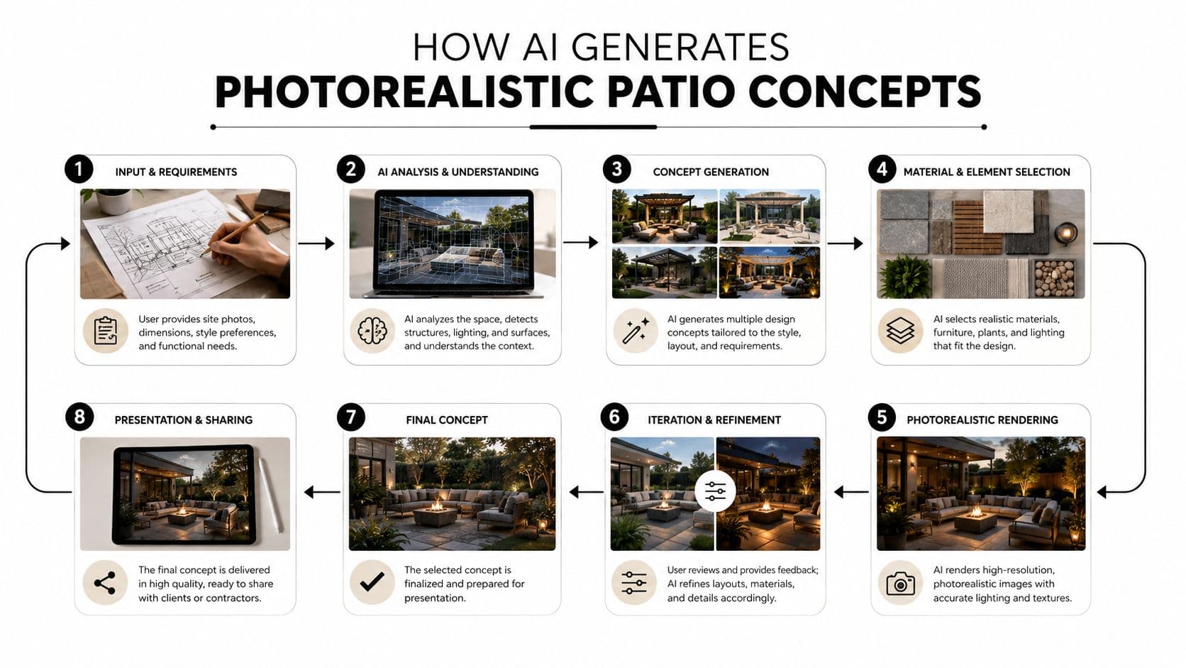 An infographic showing the step-by-step process of how AI technology generates photorealistic patio design concepts for homeowners.