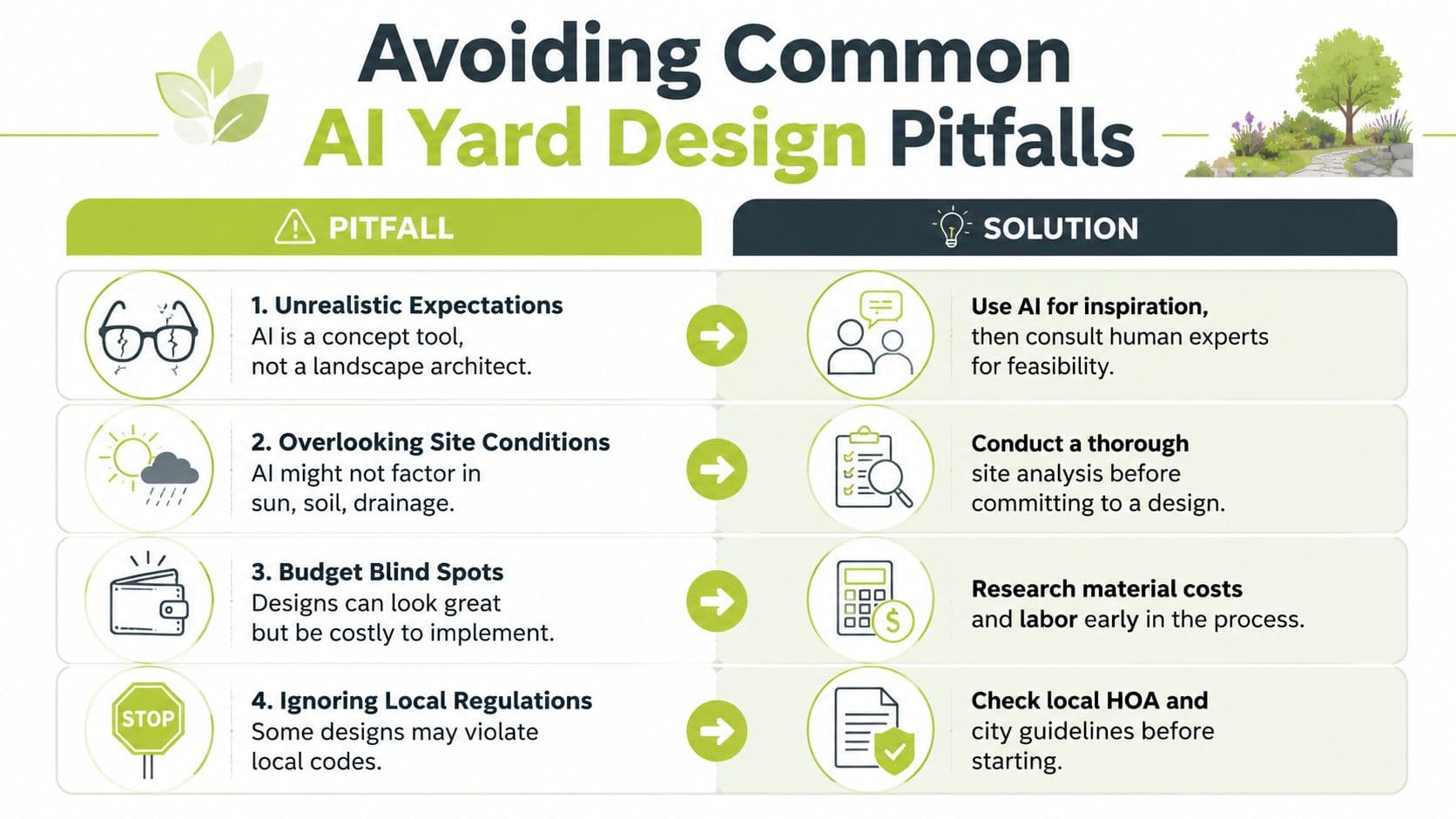An infographic titled Avoiding Common AI Yard Design Pitfalls, listing four common issues and their practical solutions.