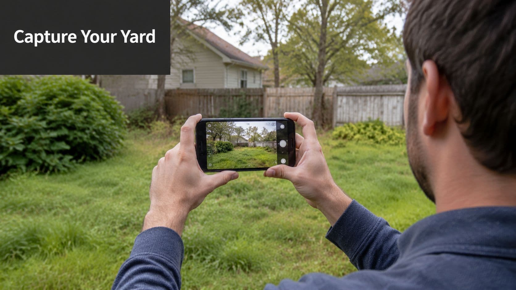 A person holding a smartphone to take a photo of their backyard for landscaping purposes.