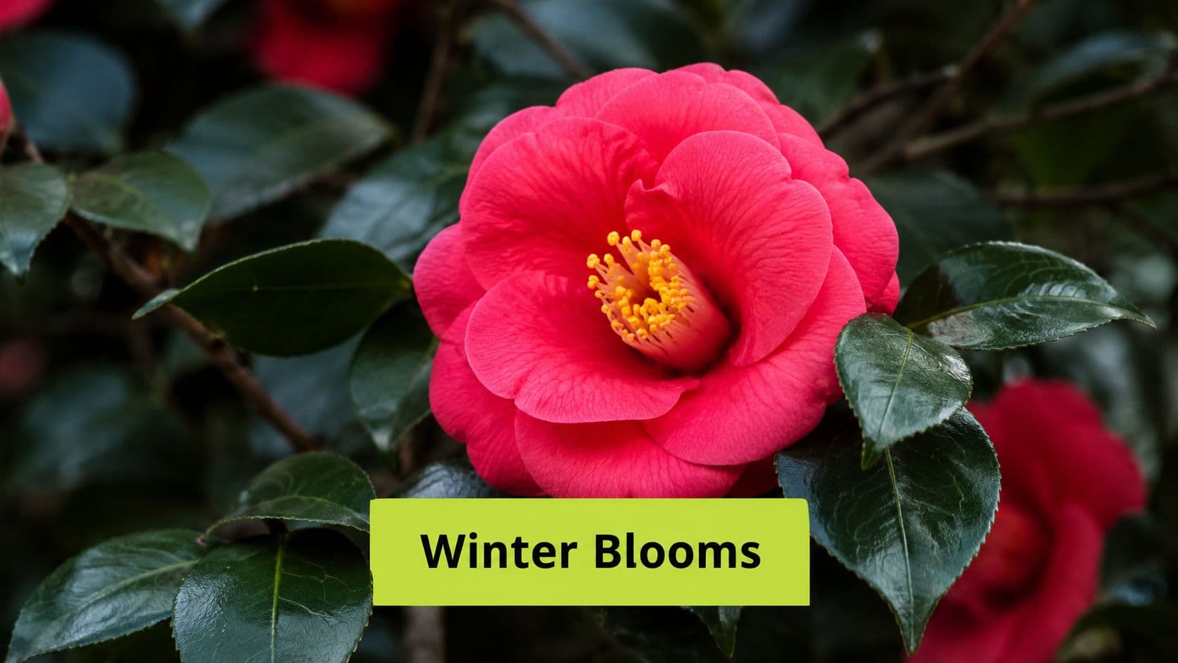 A vibrant pink camellia flower in full bloom surrounded by deep green, glossy leaves in winter.