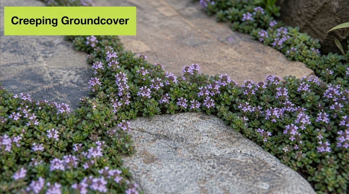 A close-up view of vibrant purple creeping thyme flowers growing between decorative stone walkway pavers in a garden.