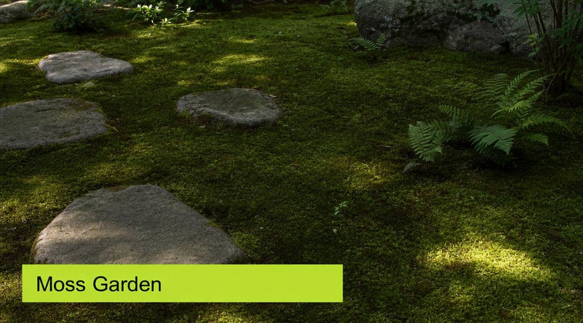 A serene zen moss garden featuring stone stepping stones and lush green ferns in a shaded area.