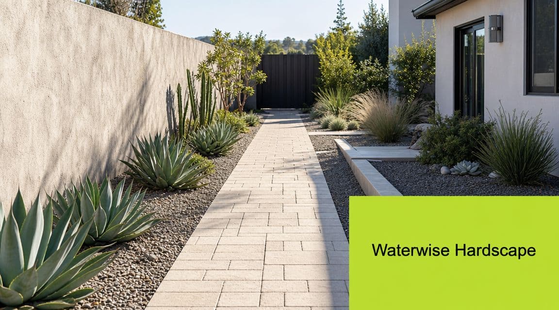 A paved stone walkway through a drought-tolerant garden with succulents, gravel beds, and a modern house wall.