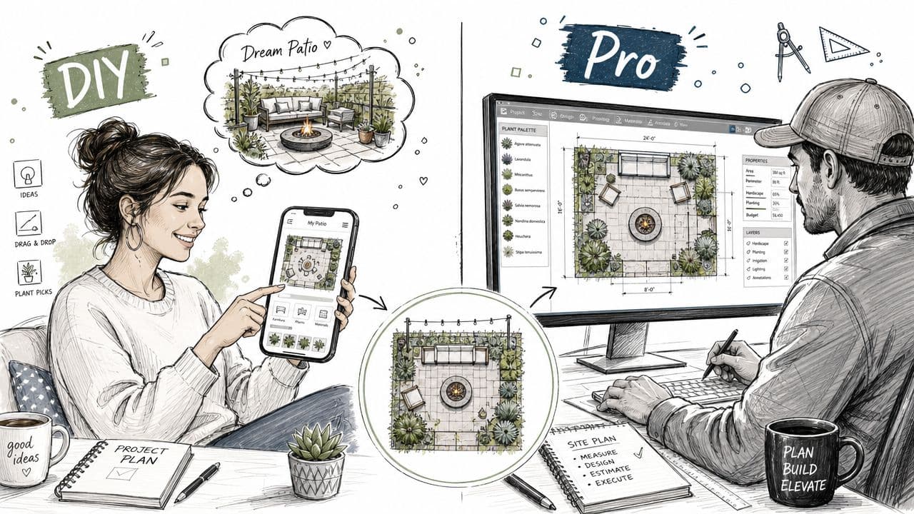 A split-screen illustration contrasting DIY patio design via mobile app with professional landscape design software.