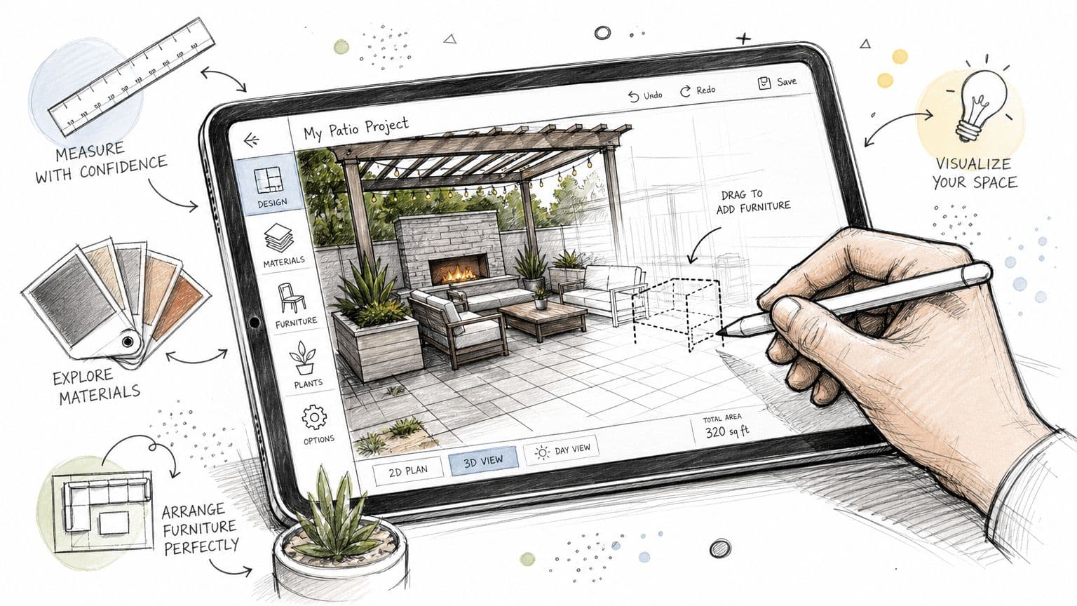 A hand using a digital pen on a tablet to design a patio space with furniture.