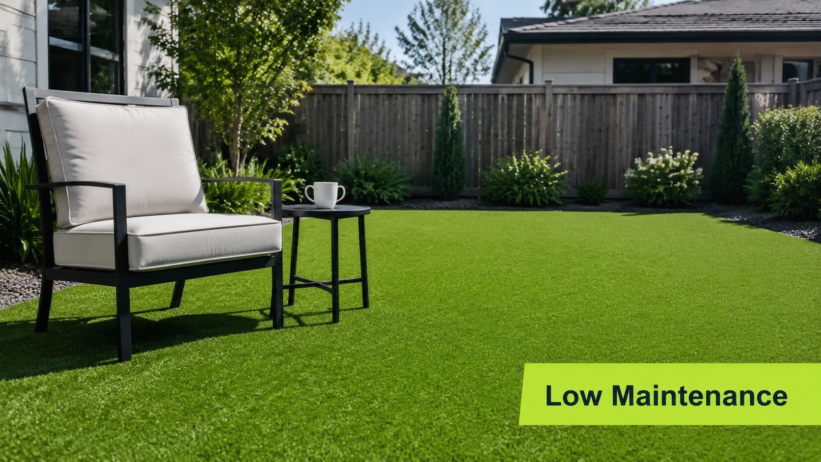 A modern outdoor armchair and small table placed on a pristine green artificial lawn in a backyard.