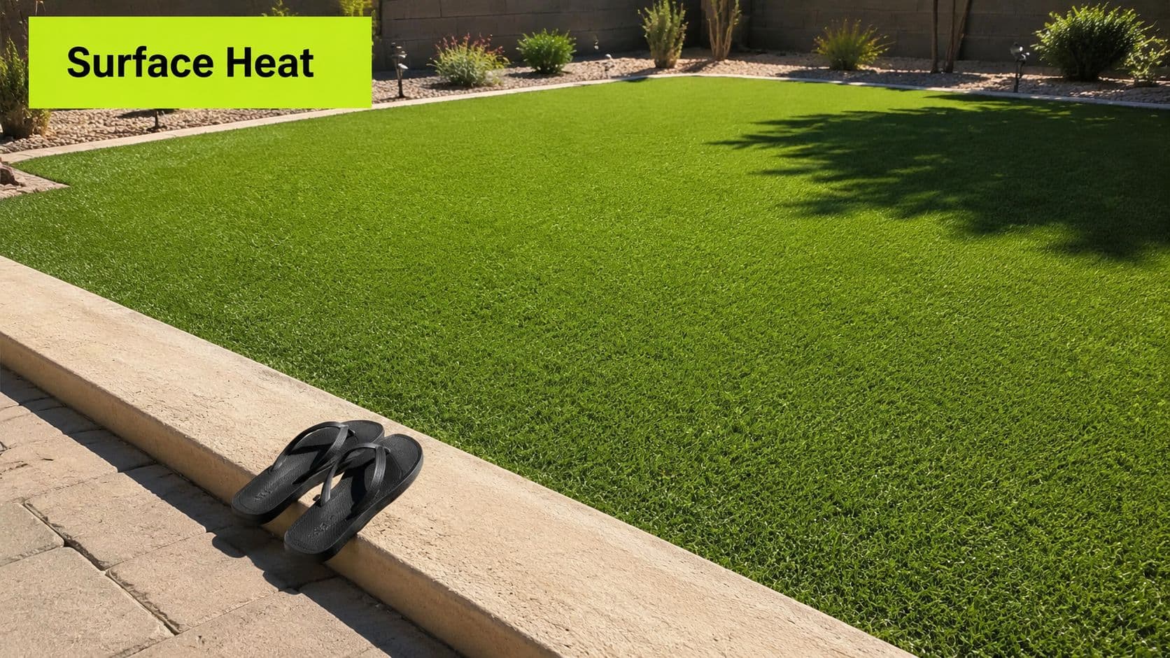 A pair of black flip-flops resting on a concrete ledge next to bright green artificial turf.