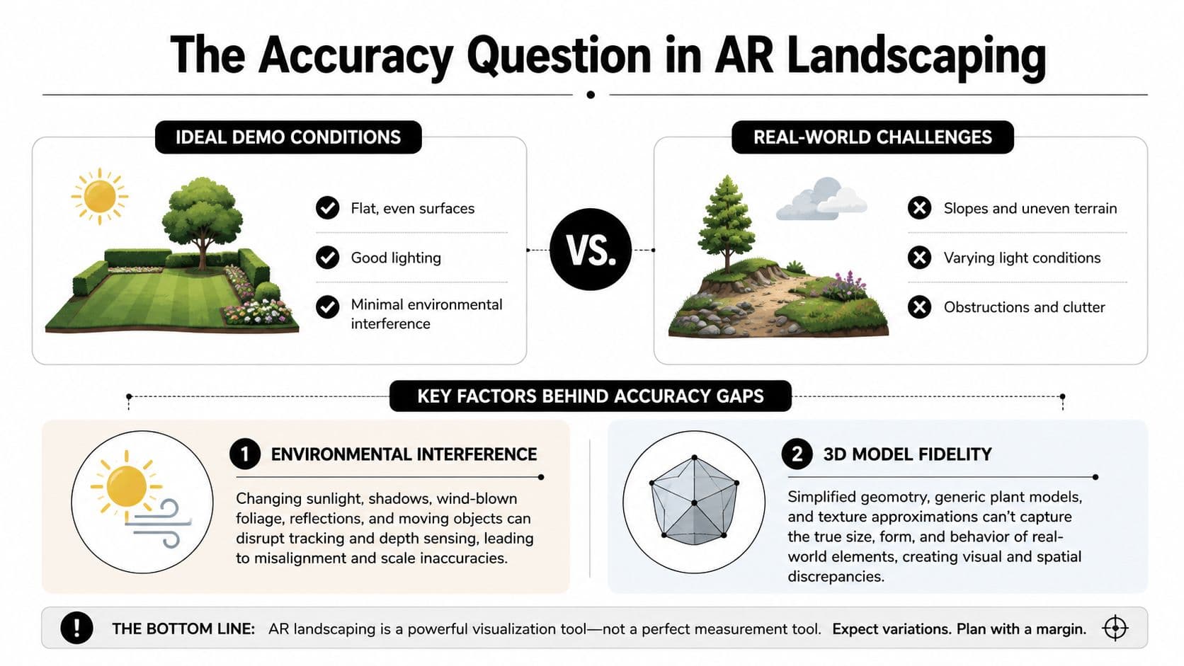 An infographic comparing ideal demo conditions versus real-world challenges in augmented reality landscaping and accuracy factors.