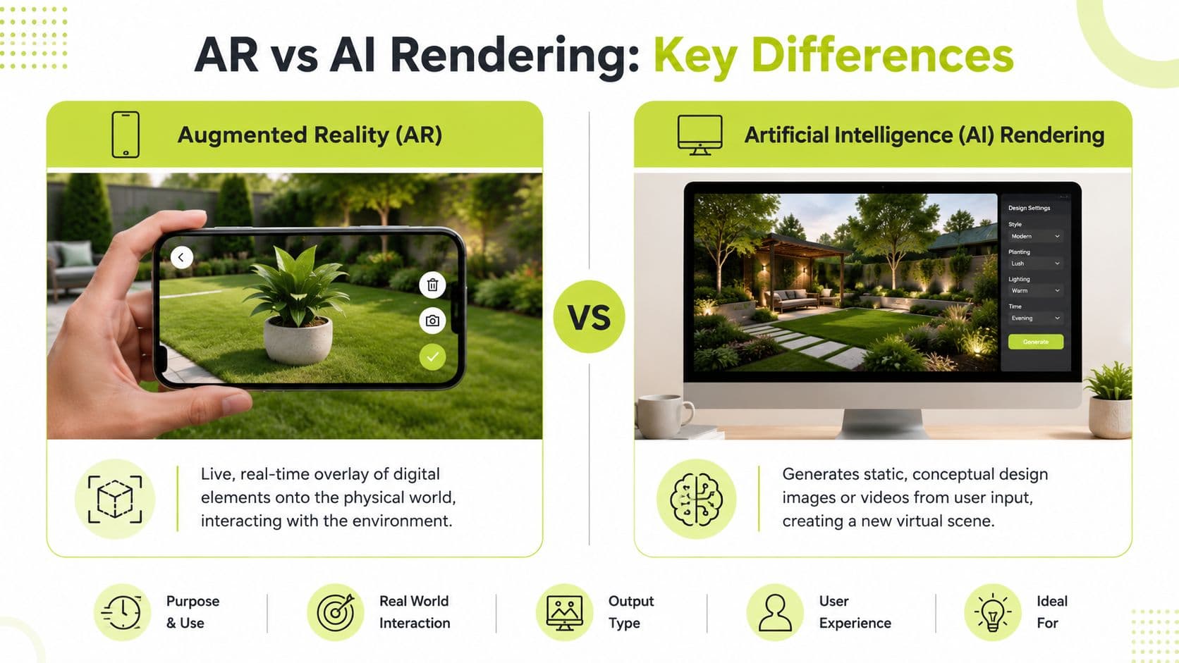 A comparison infographic showing the key differences between augmented reality and AI rendering for landscaping design.