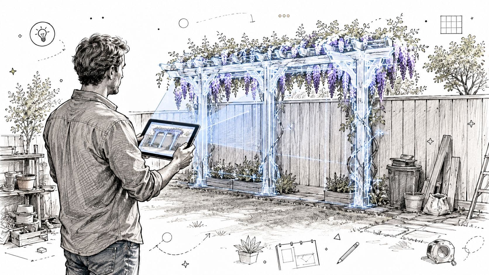 A man uses a tablet to visualize a digital pergola design in a garden using augmented reality.