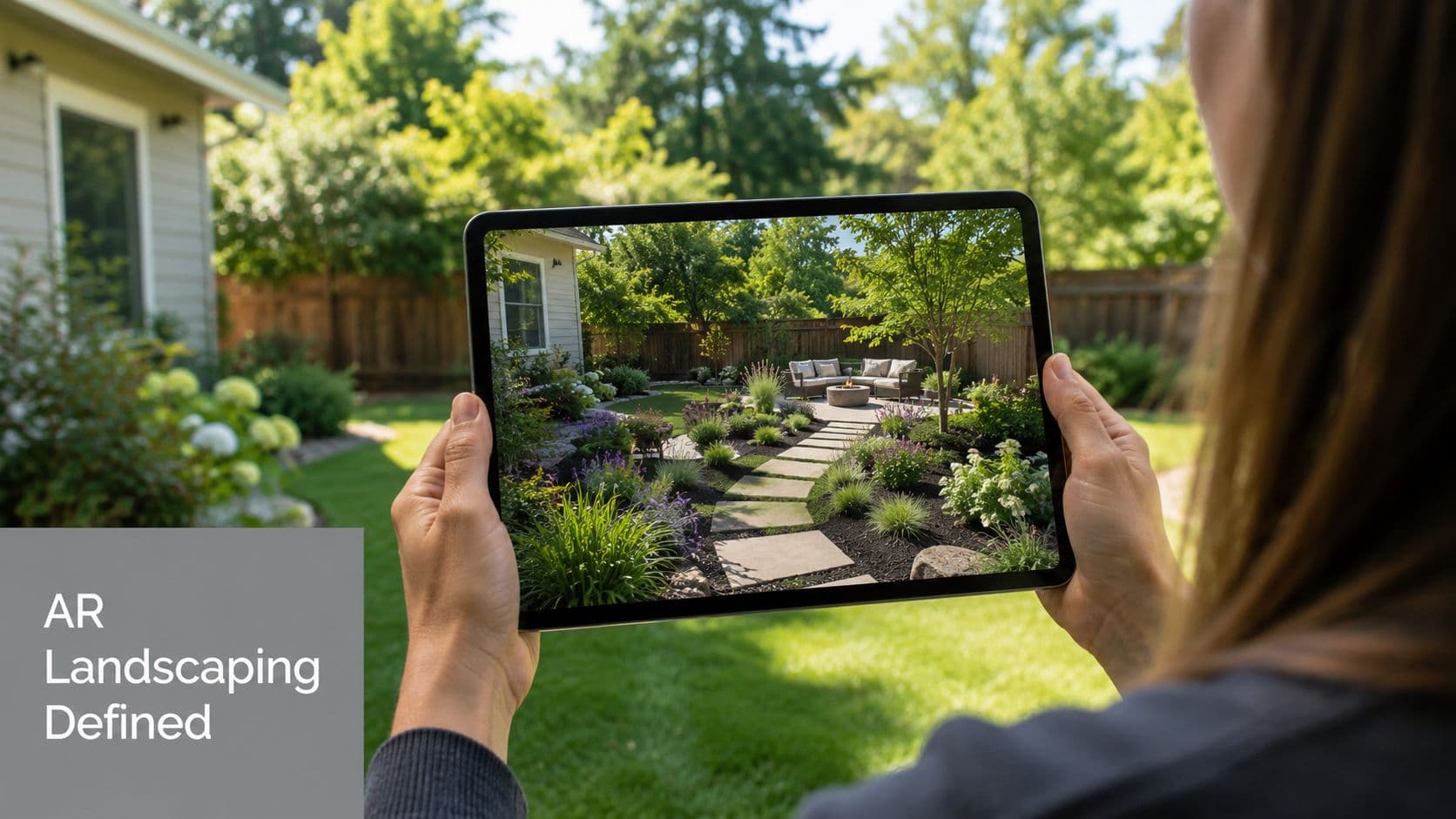 A person holds a tablet displaying an augmented reality design of a modern backyard garden landscape.