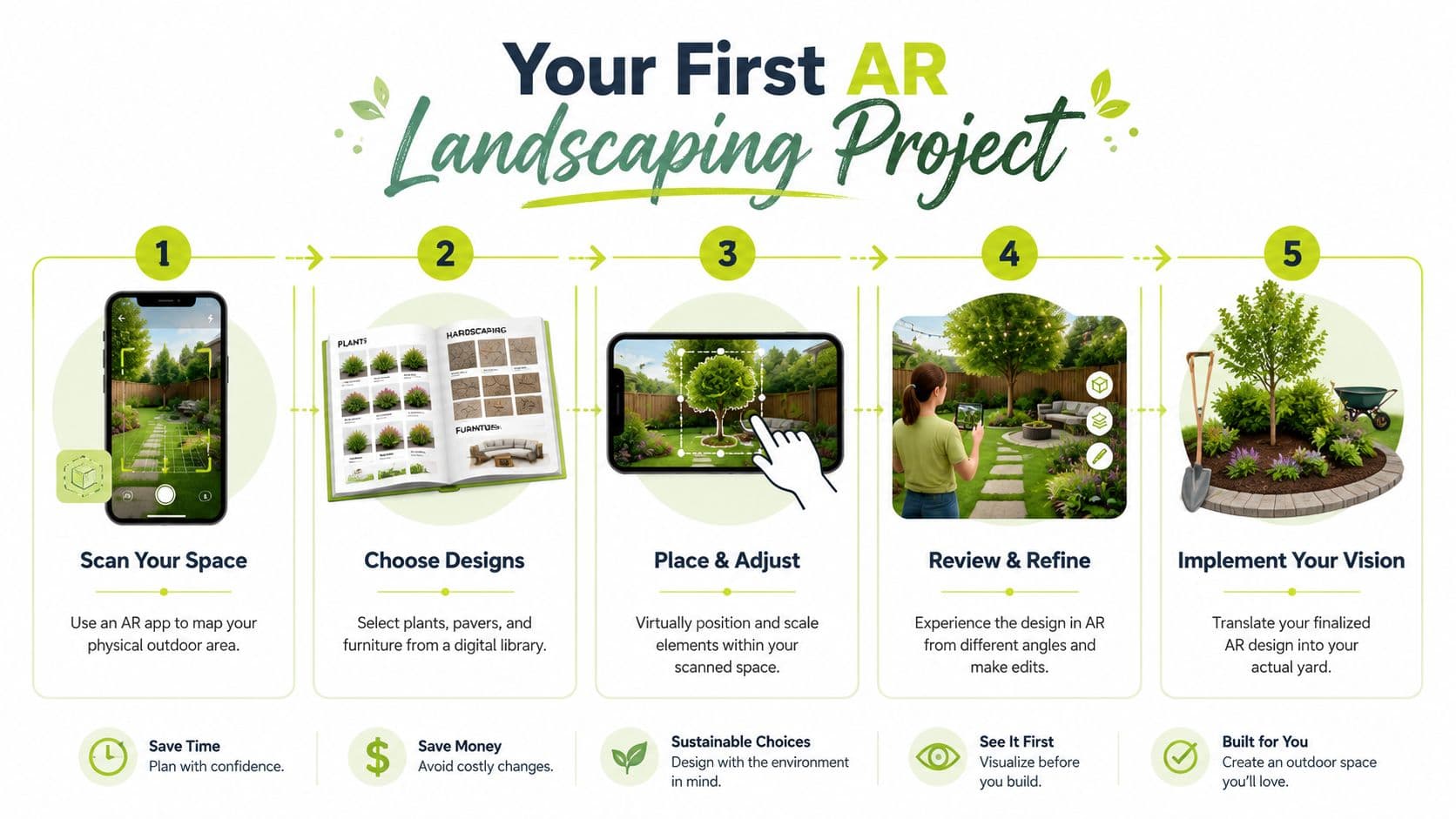 A five-step infographic illustrating how to use augmented reality technology to plan and design residential landscaping projects.