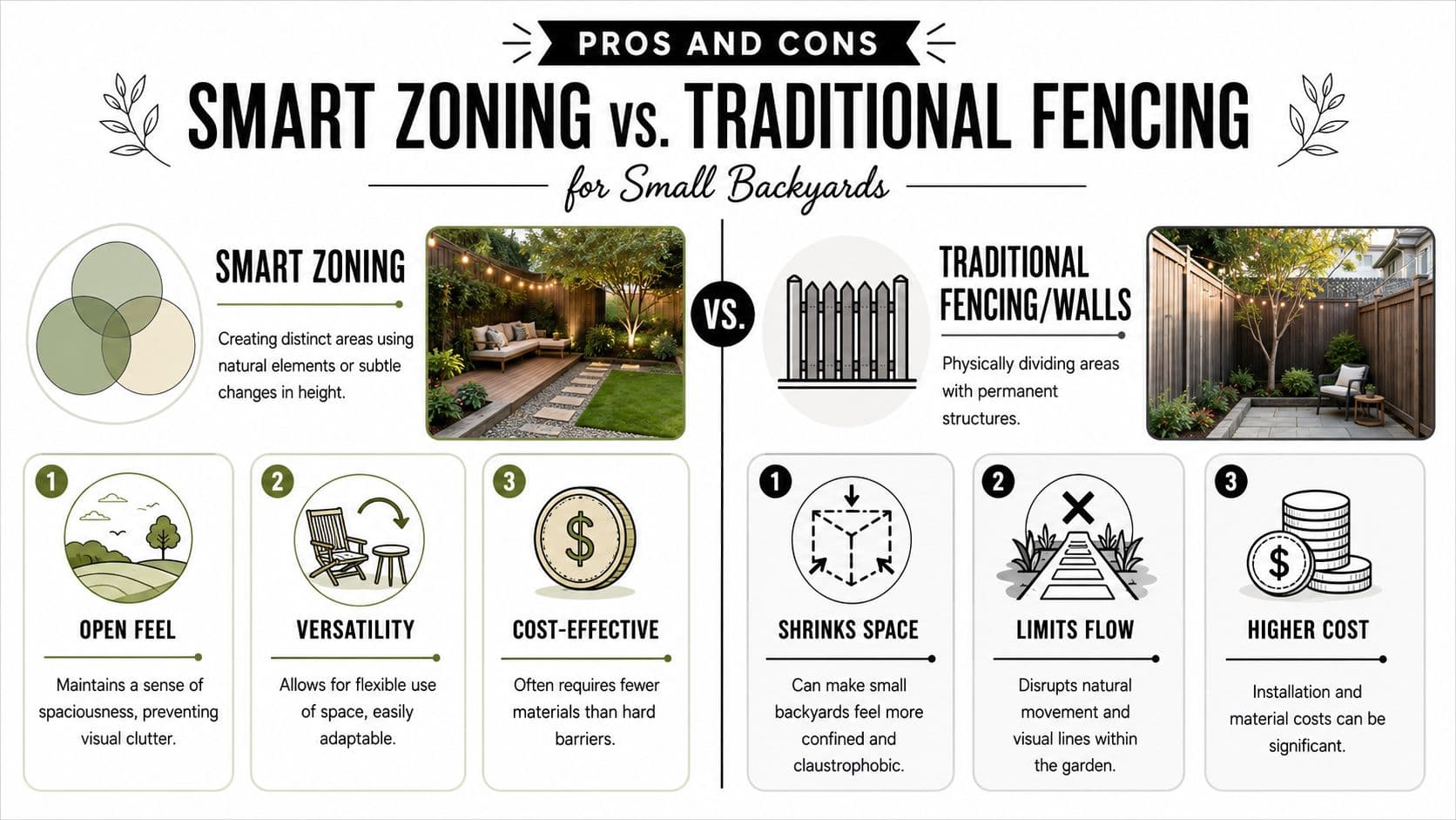 A comparison infographic showing the pros of smart zoning versus the cons of traditional fencing for small backyards.