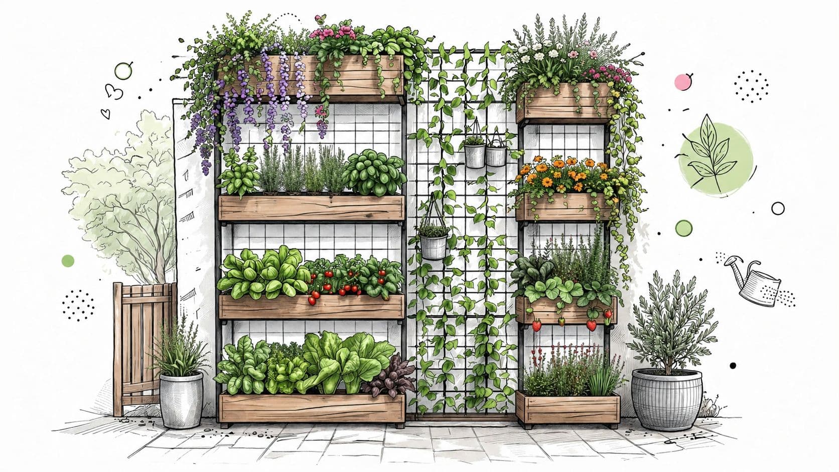 A modern vertical garden with wooden planters and climbing plants against a white brick wall background.
