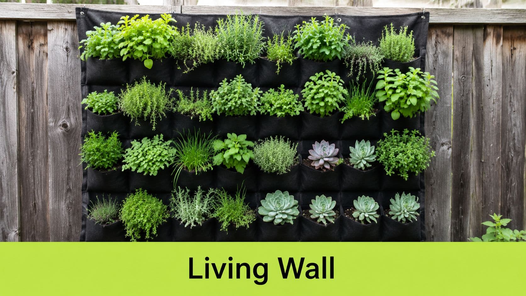 A vertical living wall mounted on a wooden fence, featuring various herbs and succulents in fabric pockets.