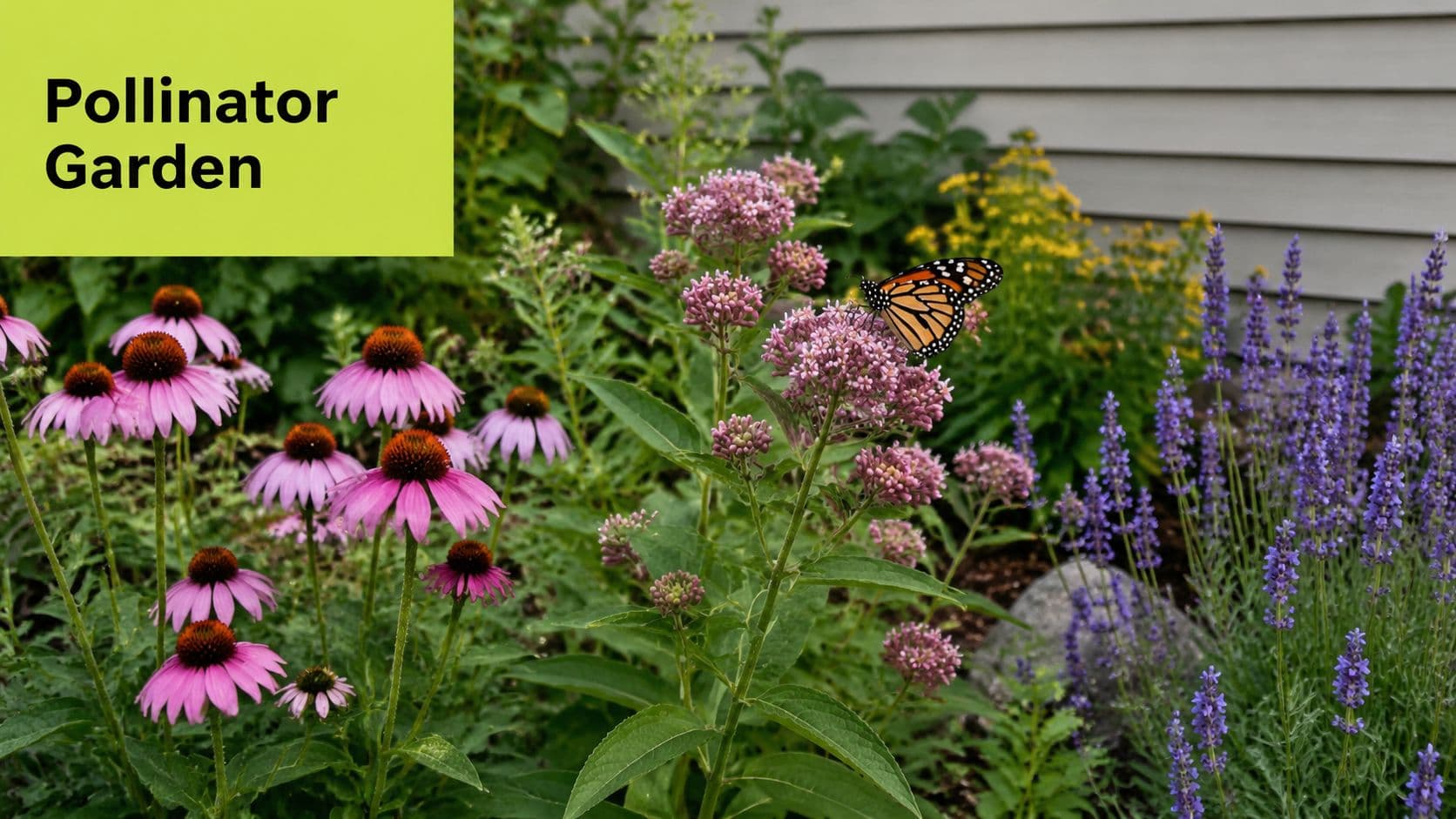 A vibrant monarch butterfly rests on pink milkweed flowers in a colorful pollinator garden display.