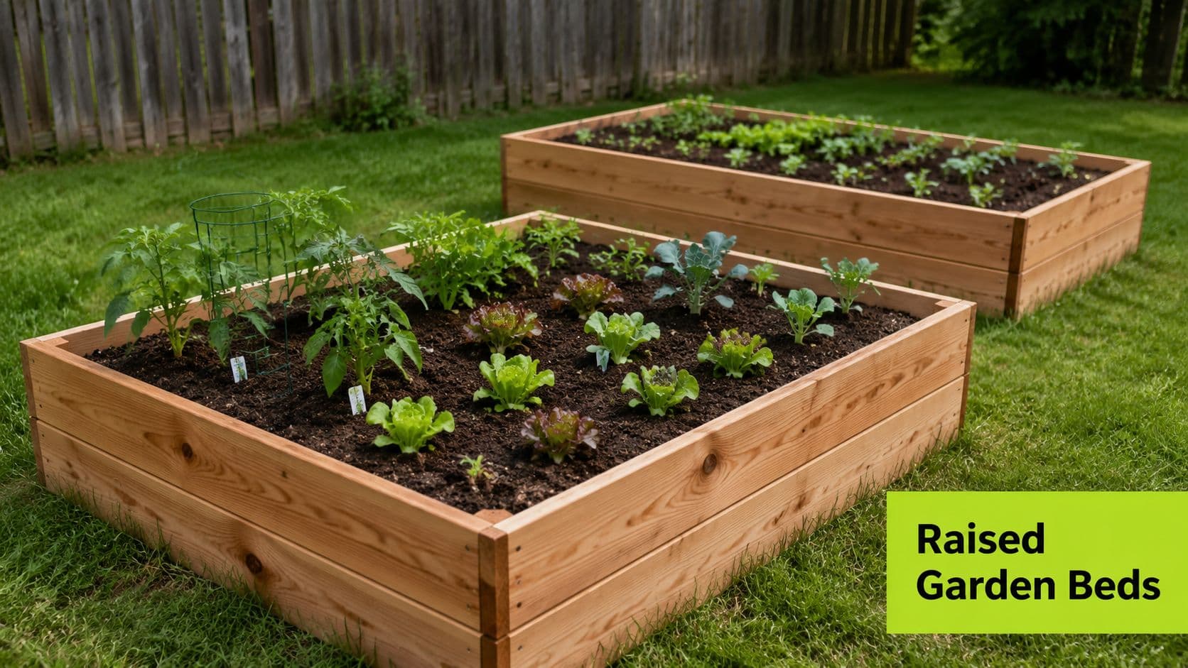 Two wooden raised garden beds filled with various fresh vegetable plants in a grassy backyard.