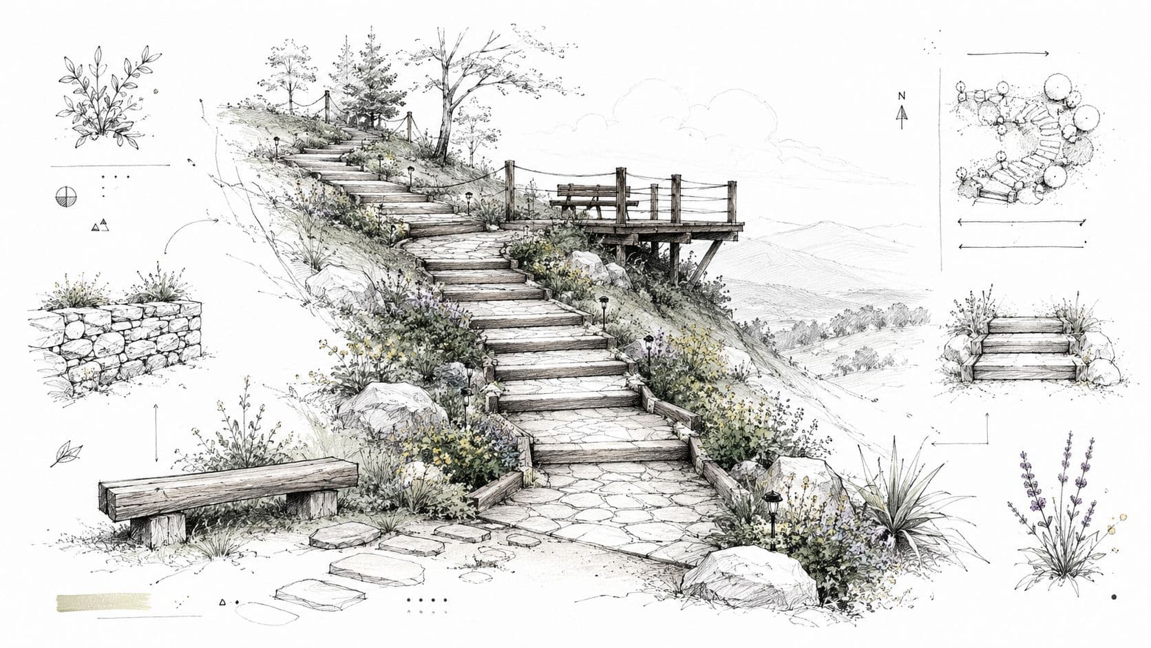 An artistic architectural sketch showing a detailed hillside landscape design with stone stairs, a wooden deck, and plants.