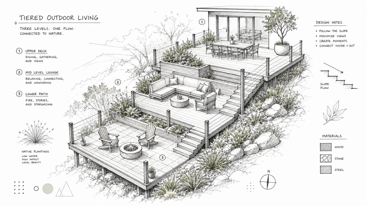 A detailed architectural sketch of a three-level hillside backyard landscape design featuring a deck, lounge, and patio.