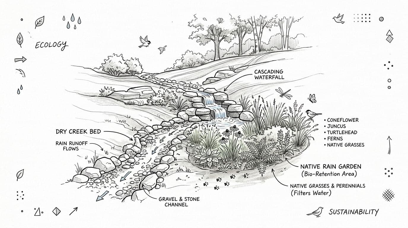 A detailed illustration of a sustainable backyard hillside landscape design featuring a dry creek bed and rain garden.