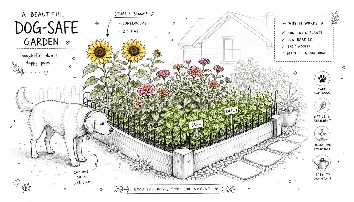 A hand-drawn illustration depicting a dog-safe garden with sunflowers, zinnias, herbs, and a curious golden retriever.