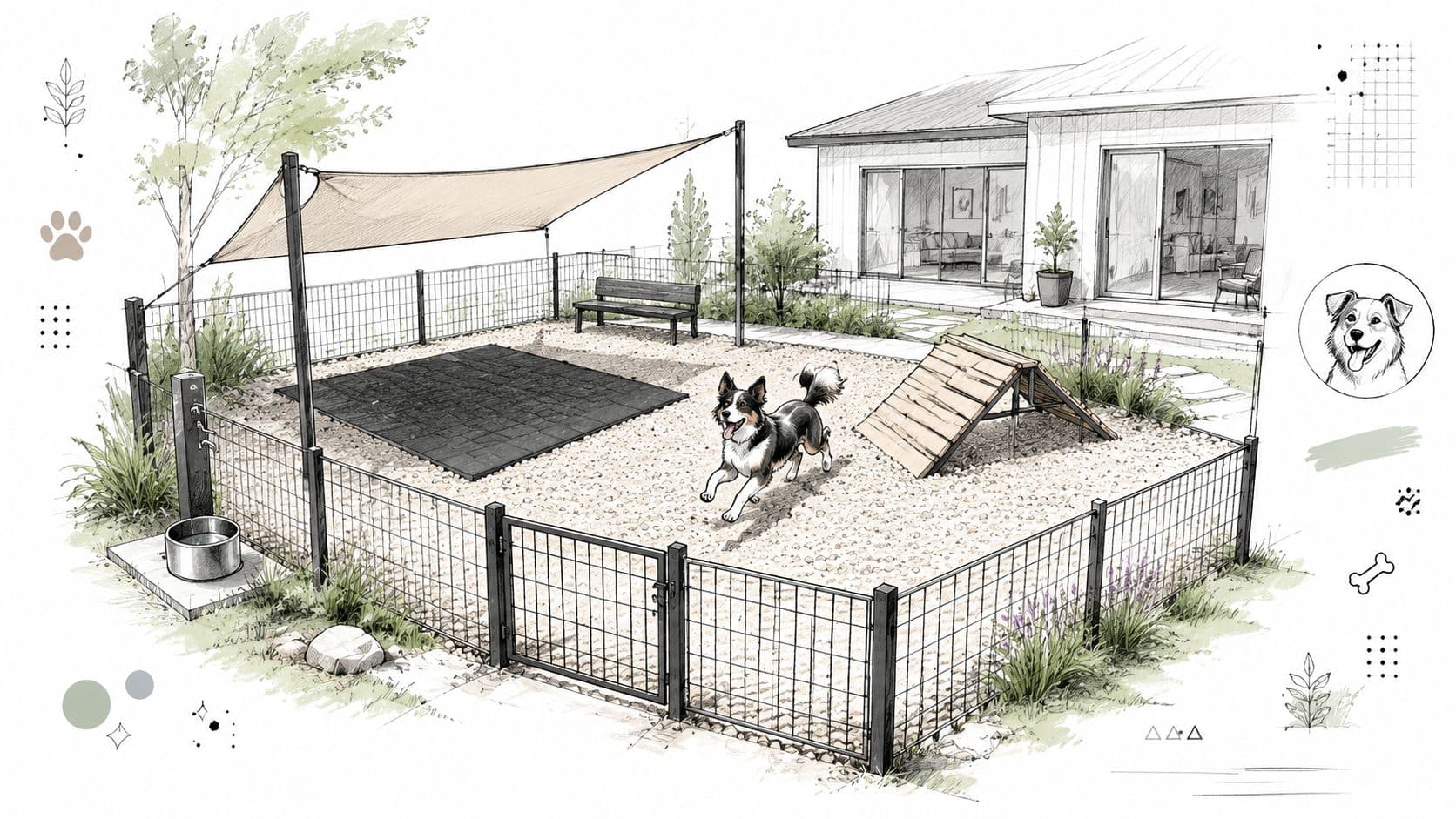A modern, fenced backyard dog play area featuring gravel, a shade sail, a ramp, and a fountain.
