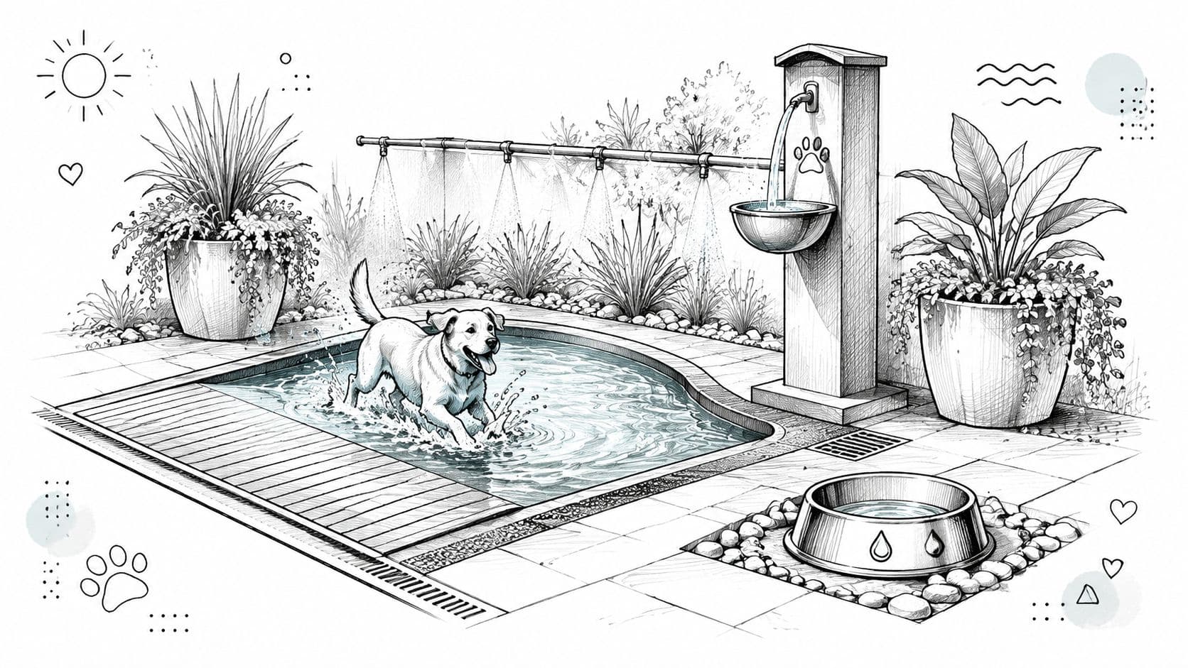 A line-art illustration of a happy dog playing in a backyard swimming pool with a pet fountain.