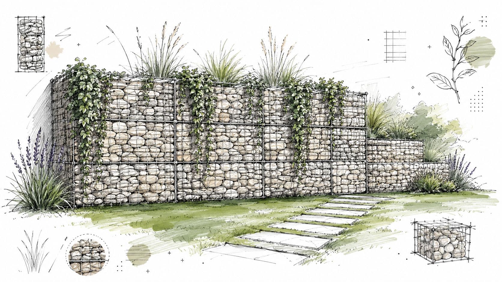 A landscape design sketch featuring stone gabion retaining walls surrounded by plants and stone garden path steps.