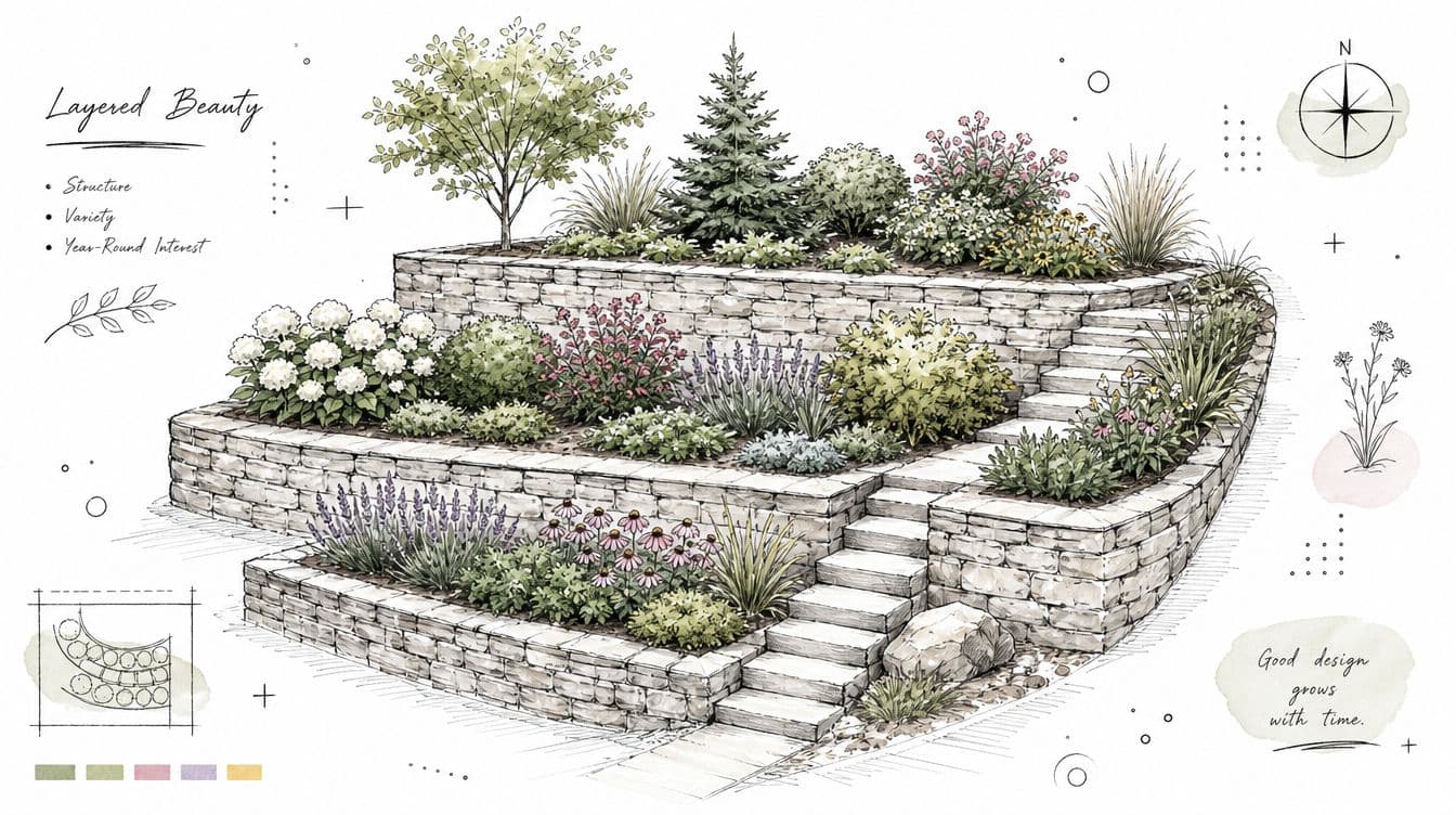 A detailed architectural sketch of a tiered garden design with stone retaining walls and diverse plants.