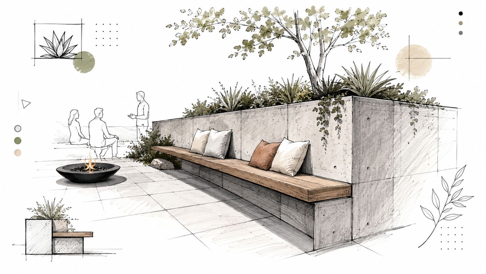 A modern outdoor landscape design featuring a concrete retaining wall with integrated bench seating and fire pit.
